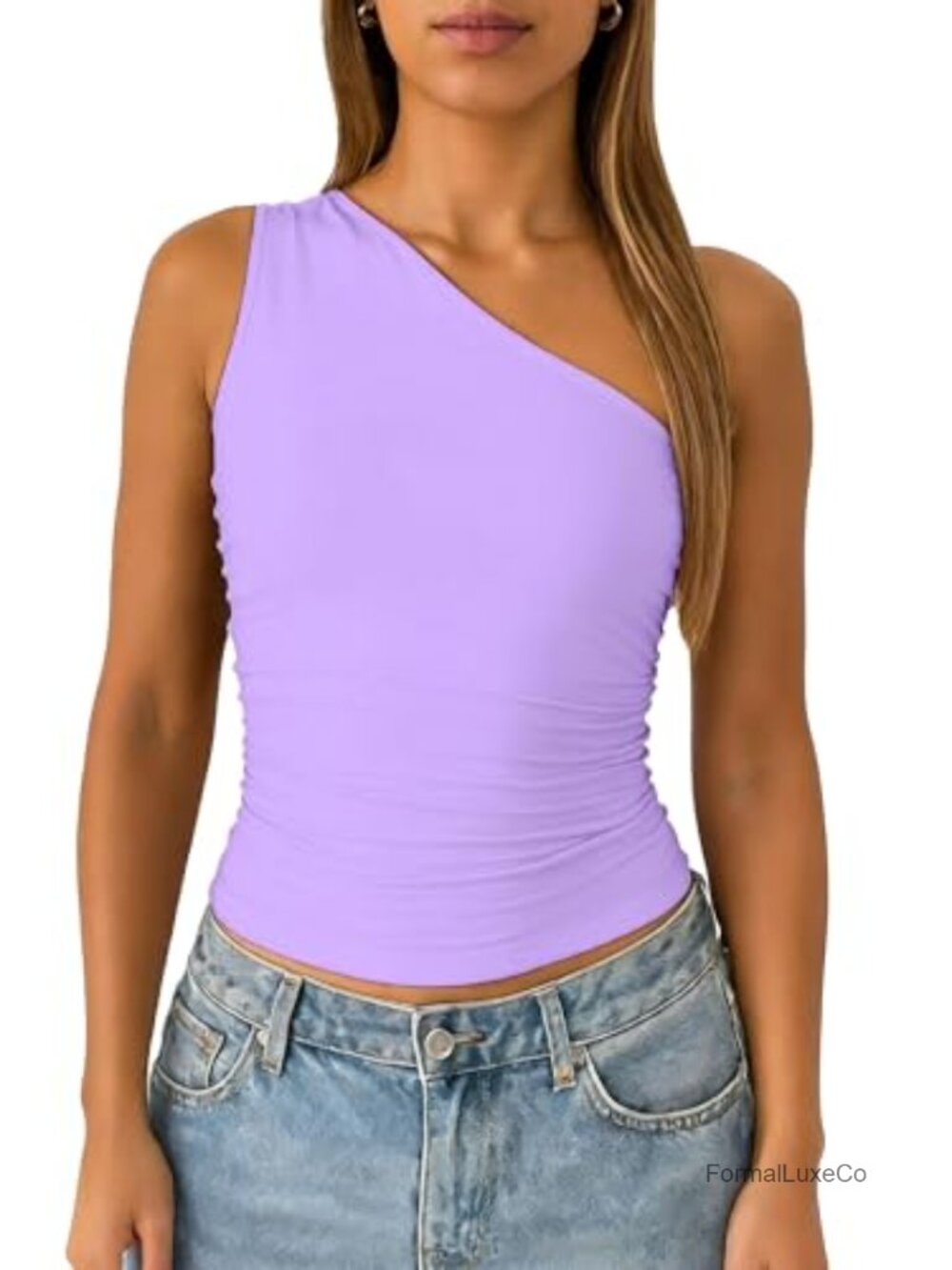 Women's One Shoulder Tank Top Double Lined Ruched Sleeveless Going Out Y2K Top